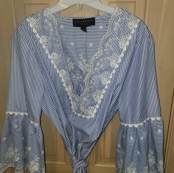 Misses sz M Laundry by Shelli Segal Blue white embroidered Dress Tie Belt - Picture 8 of 10